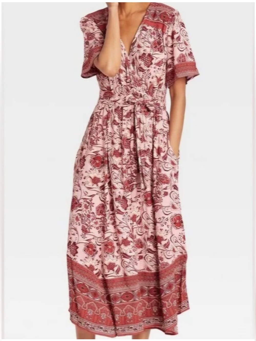 Knox Rose Floral Bohemian Short Sleeve V-neck Wrap Belted Maxi Dress